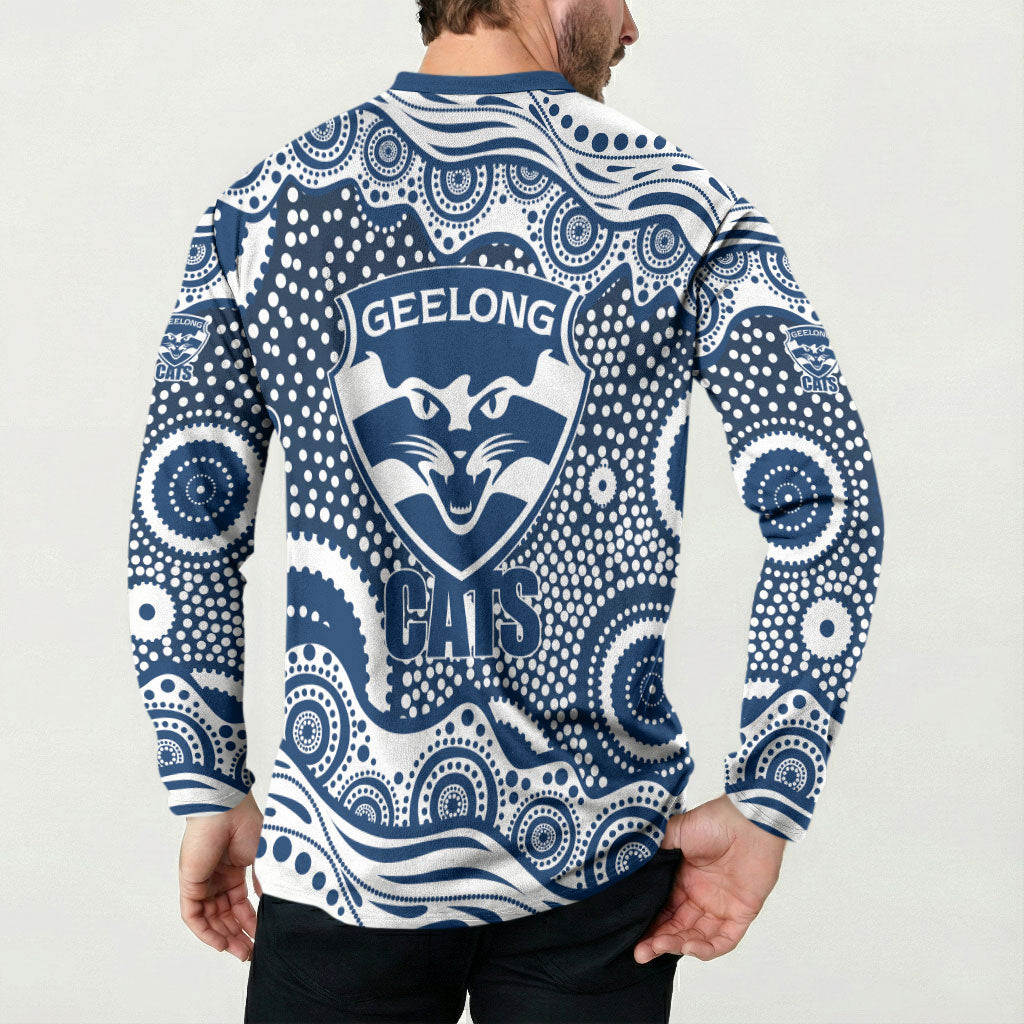 Geelong Cats Button Sweatshirt Aboriginal Dot Pattern - Football Mascot Heritage Pride