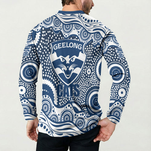 Geelong Cats Button Sweatshirt Aboriginal Dot Pattern - Football Mascot Heritage Pride