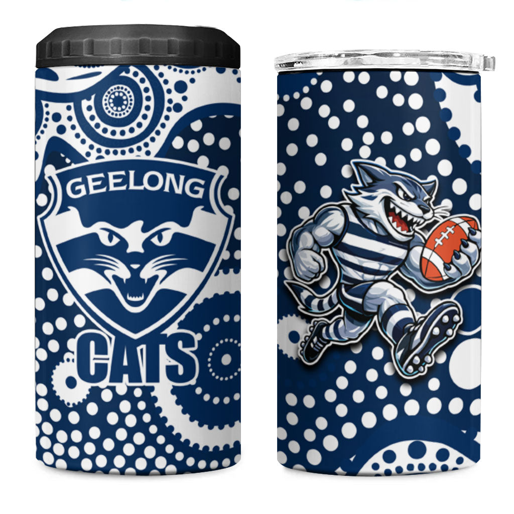 Geelong Cats 4 in 1 Can Cooler Tumbler Aboriginal Dot Pattern - Football Mascot Heritage Pride