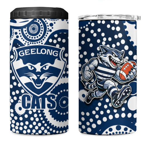 Geelong Cats 4 in 1 Can Cooler Tumbler Aboriginal Dot Pattern - Football Mascot Heritage Pride