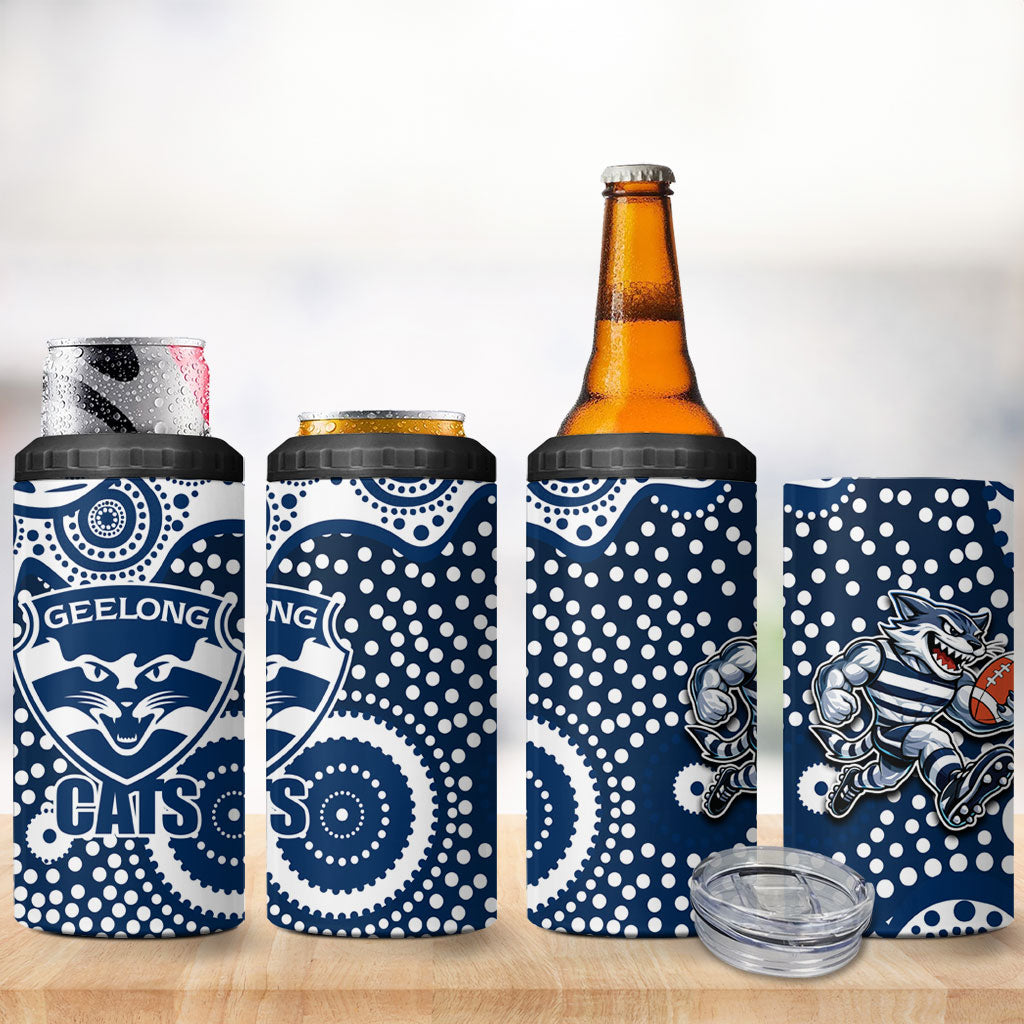 Geelong Cats 4 in 1 Can Cooler Tumbler Aboriginal Dot Pattern - Football Mascot Heritage Pride