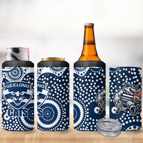 Geelong Cats 4 in 1 Can Cooler Tumbler Aboriginal Dot Pattern - Football Mascot Heritage Pride