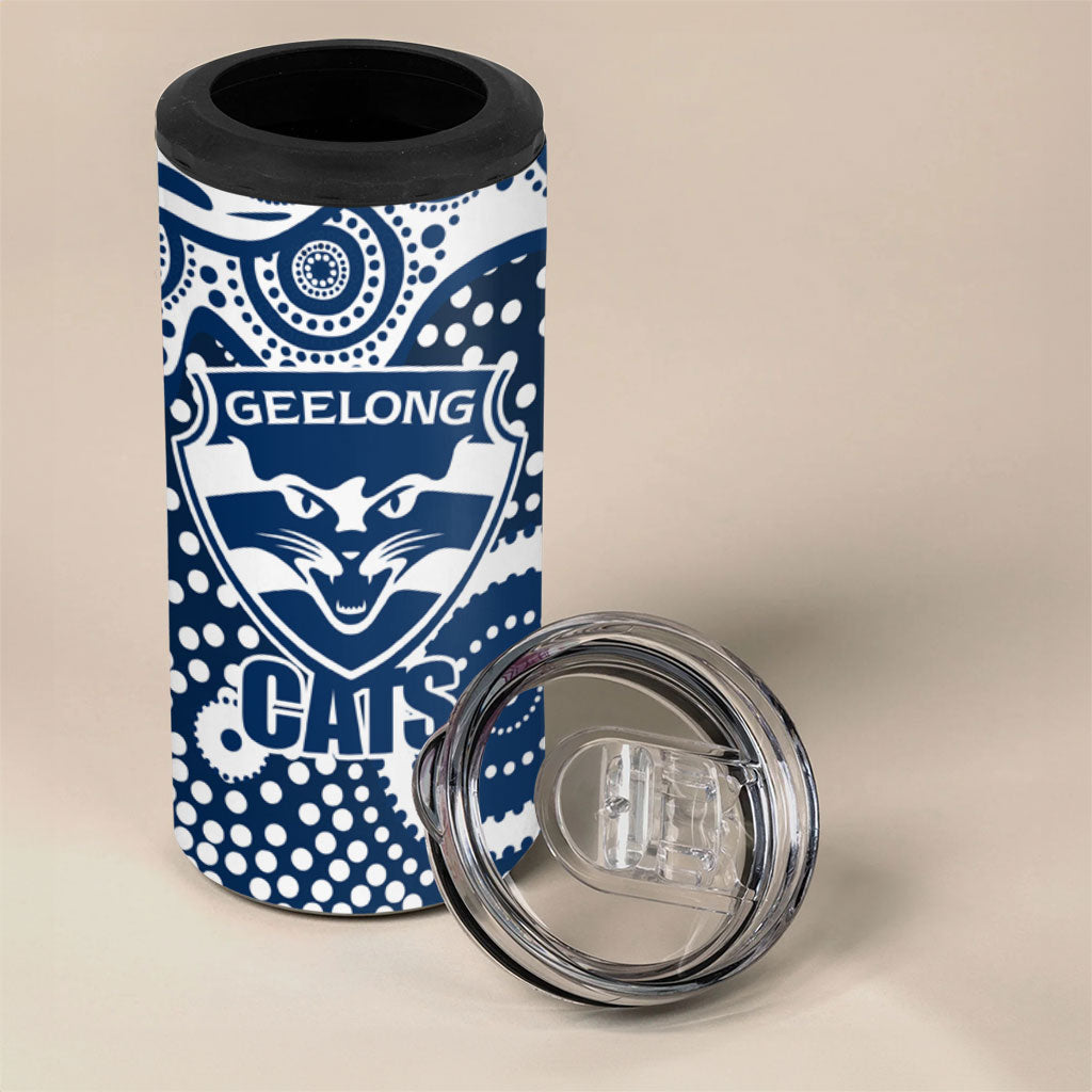 Geelong Cats 4 in 1 Can Cooler Tumbler Aboriginal Dot Pattern - Football Mascot Heritage Pride