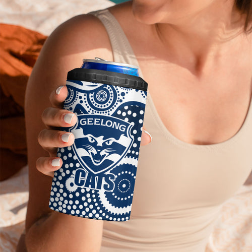 Geelong Cats 4 in 1 Can Cooler Tumbler Aboriginal Dot Pattern - Football Mascot Heritage Pride