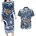 Geelong Cats Couples Matching Long Sleeve Bodycon Dress and Hawaiian Shirt Aboriginal Dot Pattern - Football Mascot Heritage Pride
