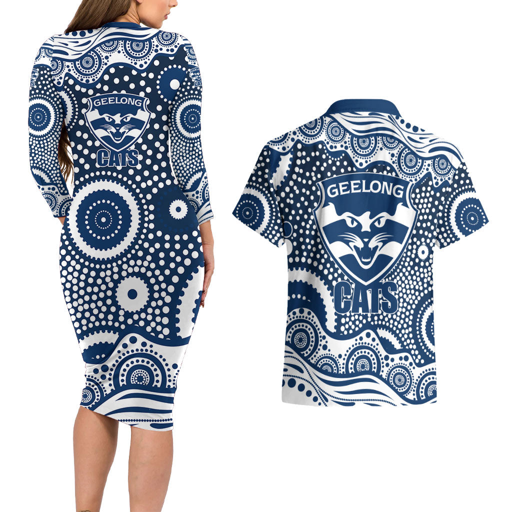 Geelong Cats Couples Matching Long Sleeve Bodycon Dress and Hawaiian Shirt Aboriginal Dot Pattern - Football Mascot Heritage Pride