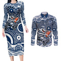 Geelong Cats Couples Matching Long Sleeve Bodycon Dress and Long Sleeve Button Shirt Aboriginal Dot Pattern - Football Mascot Heritage Pride