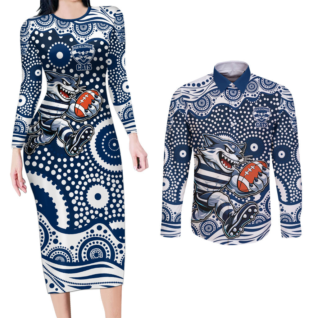 Geelong Cats Couples Matching Long Sleeve Bodycon Dress and Long Sleeve Button Shirt Aboriginal Dot Pattern - Football Mascot Heritage Pride