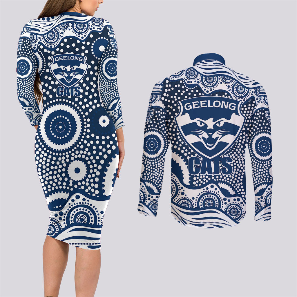 Geelong Cats Couples Matching Long Sleeve Bodycon Dress and Long Sleeve Button Shirt Aboriginal Dot Pattern - Football Mascot Heritage Pride
