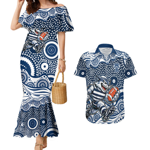 Geelong Cats Couples Matching Mermaid Dress and Hawaiian Shirt Aboriginal Dot Pattern - Football Mascot Heritage Pride