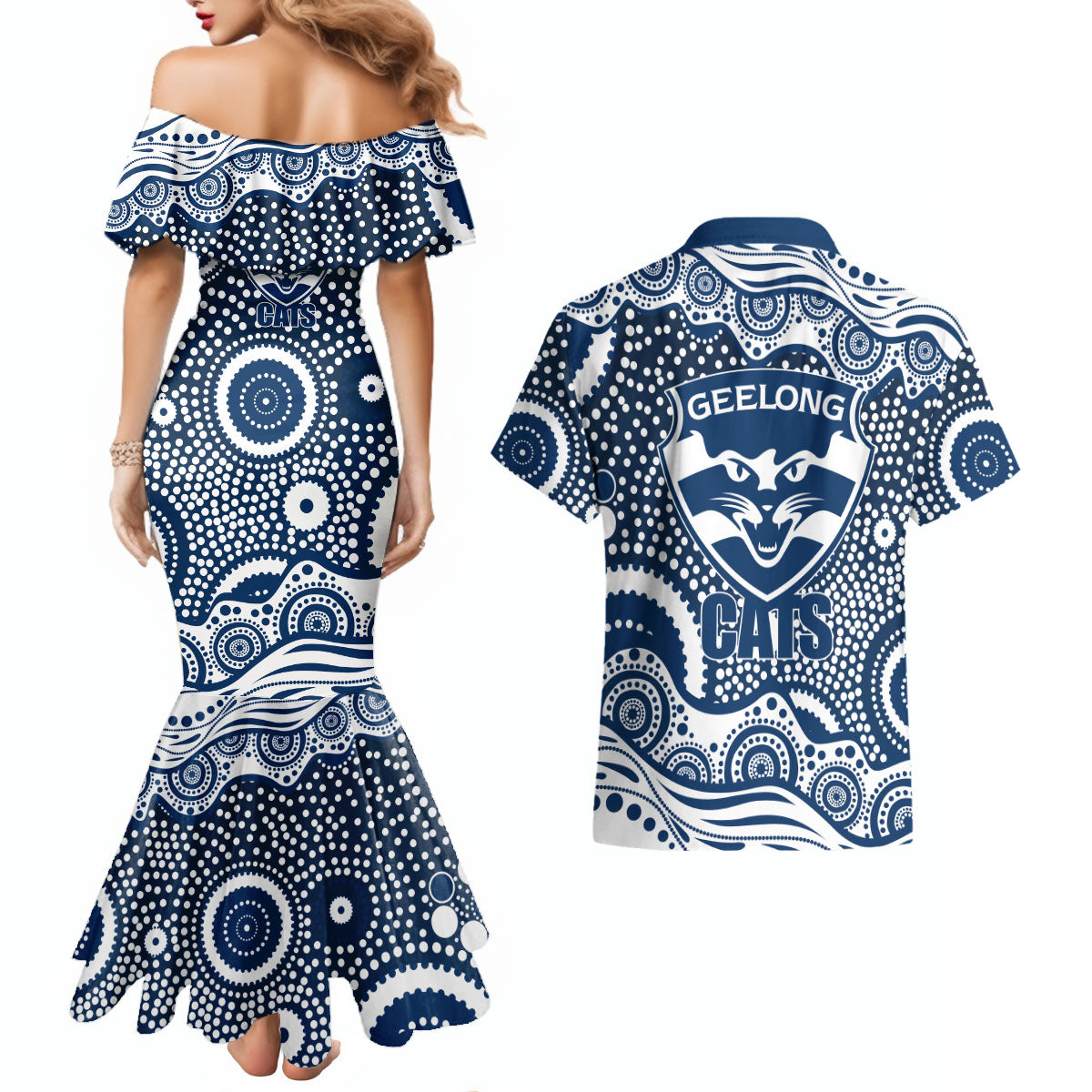 Geelong Cats Couples Matching Mermaid Dress and Hawaiian Shirt Aboriginal Dot Pattern - Football Mascot Heritage Pride