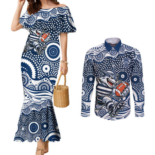 Geelong Cats Couples Matching Mermaid Dress and Long Sleeve Button Shirt Aboriginal Dot Pattern - Football Mascot Heritage Pride