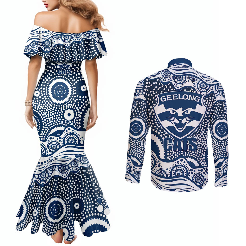Geelong Cats Couples Matching Mermaid Dress and Long Sleeve Button Shirt Aboriginal Dot Pattern - Football Mascot Heritage Pride