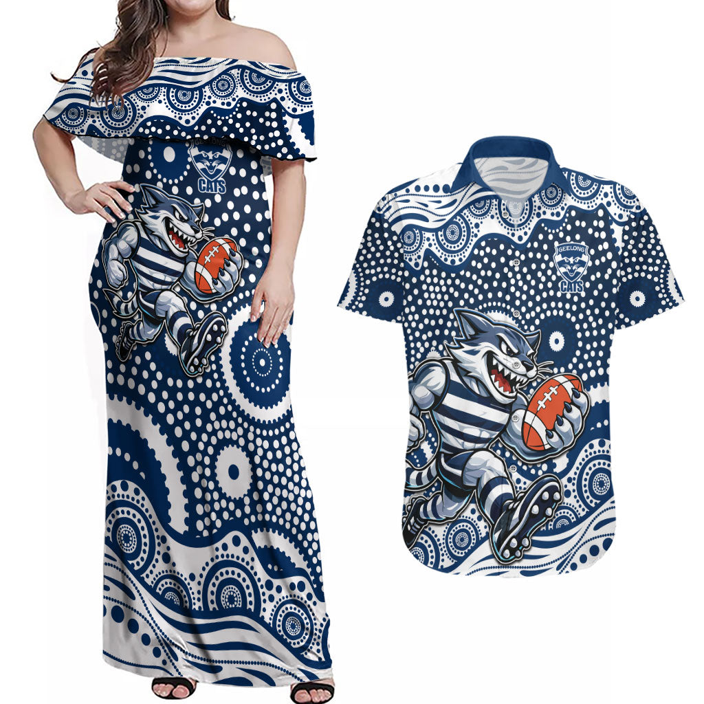 Geelong Cats Couples Matching Off Shoulder Maxi Dress and Hawaiian Shirt Aboriginal Dot Pattern - Football Mascot Heritage Pride