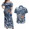 Geelong Cats Couples Matching Off Shoulder Maxi Dress and Hawaiian Shirt Aboriginal Dot Pattern - Football Mascot Heritage Pride