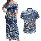 Geelong Cats Couples Matching Off Shoulder Maxi Dress and Hawaiian Shirt Aboriginal Dot Pattern - Football Mascot Heritage Pride