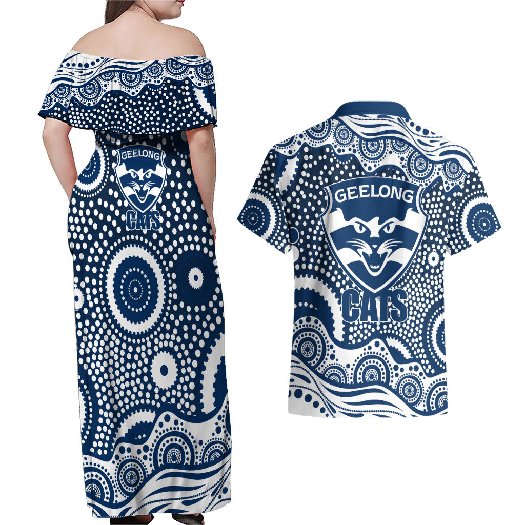 Geelong Cats Couples Matching Off Shoulder Maxi Dress and Hawaiian Shirt Aboriginal Dot Pattern - Football Mascot Heritage Pride