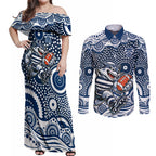 Geelong Cats Couples Matching Off Shoulder Maxi Dress and Long Sleeve Button Shirt Aboriginal Dot Pattern - Football Mascot Heritage Pride