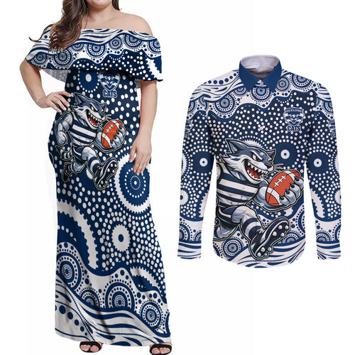 Geelong Cats Couples Matching Off Shoulder Maxi Dress and Long Sleeve Button Shirt Aboriginal Dot Pattern - Football Mascot Heritage Pride