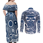 Geelong Cats Couples Matching Off Shoulder Maxi Dress and Long Sleeve Button Shirt Aboriginal Dot Pattern - Football Mascot Heritage Pride