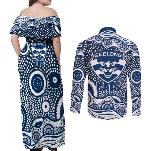 Geelong Cats Couples Matching Off Shoulder Maxi Dress and Long Sleeve Button Shirt Aboriginal Dot Pattern - Football Mascot Heritage Pride