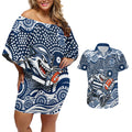 Geelong Cats Couples Matching Off Shoulder Short Dress and Hawaiian Shirt Aboriginal Dot Pattern - Football Mascot Heritage Pride