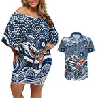 Geelong Cats Couples Matching Off Shoulder Short Dress and Hawaiian Shirt Aboriginal Dot Pattern - Football Mascot Heritage Pride