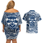 Geelong Cats Couples Matching Off Shoulder Short Dress and Hawaiian Shirt Aboriginal Dot Pattern - Football Mascot Heritage Pride