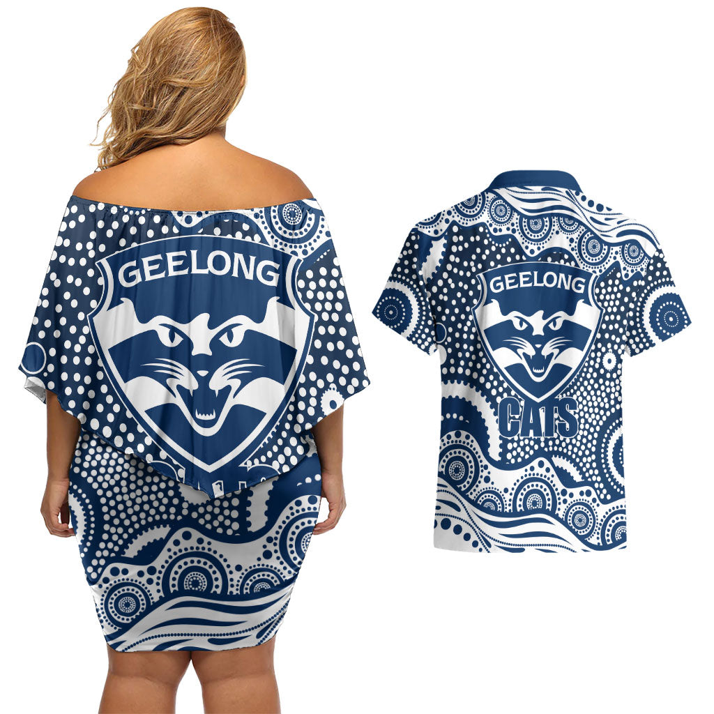 Geelong Cats Couples Matching Off Shoulder Short Dress and Hawaiian Shirt Aboriginal Dot Pattern - Football Mascot Heritage Pride