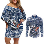 Geelong Cats Couples Matching Off Shoulder Short Dress and Long Sleeve Button Shirt Aboriginal Dot Pattern - Football Mascot Heritage Pride