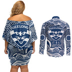 Geelong Cats Couples Matching Off Shoulder Short Dress and Long Sleeve Button Shirt Aboriginal Dot Pattern - Football Mascot Heritage Pride