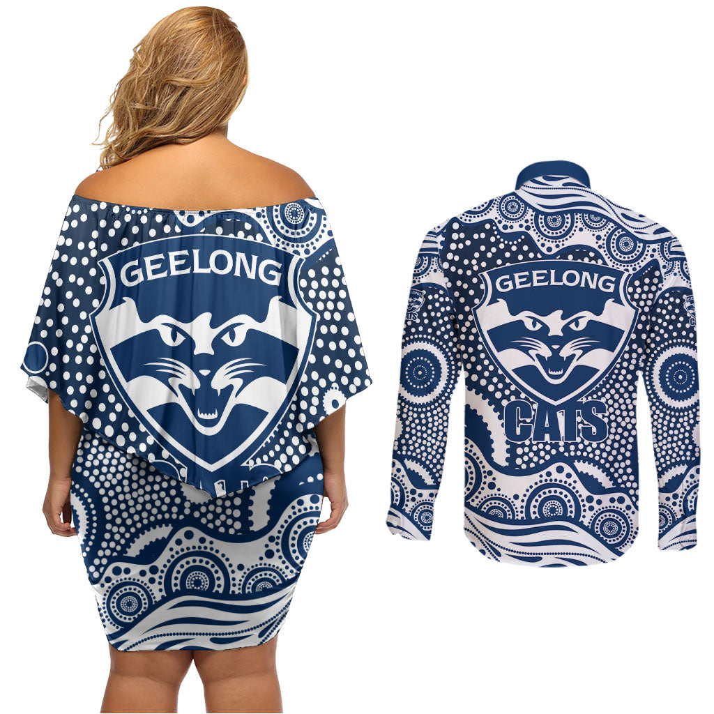 Geelong Cats Couples Matching Off Shoulder Short Dress and Long Sleeve Button Shirt Aboriginal Dot Pattern - Football Mascot Heritage Pride