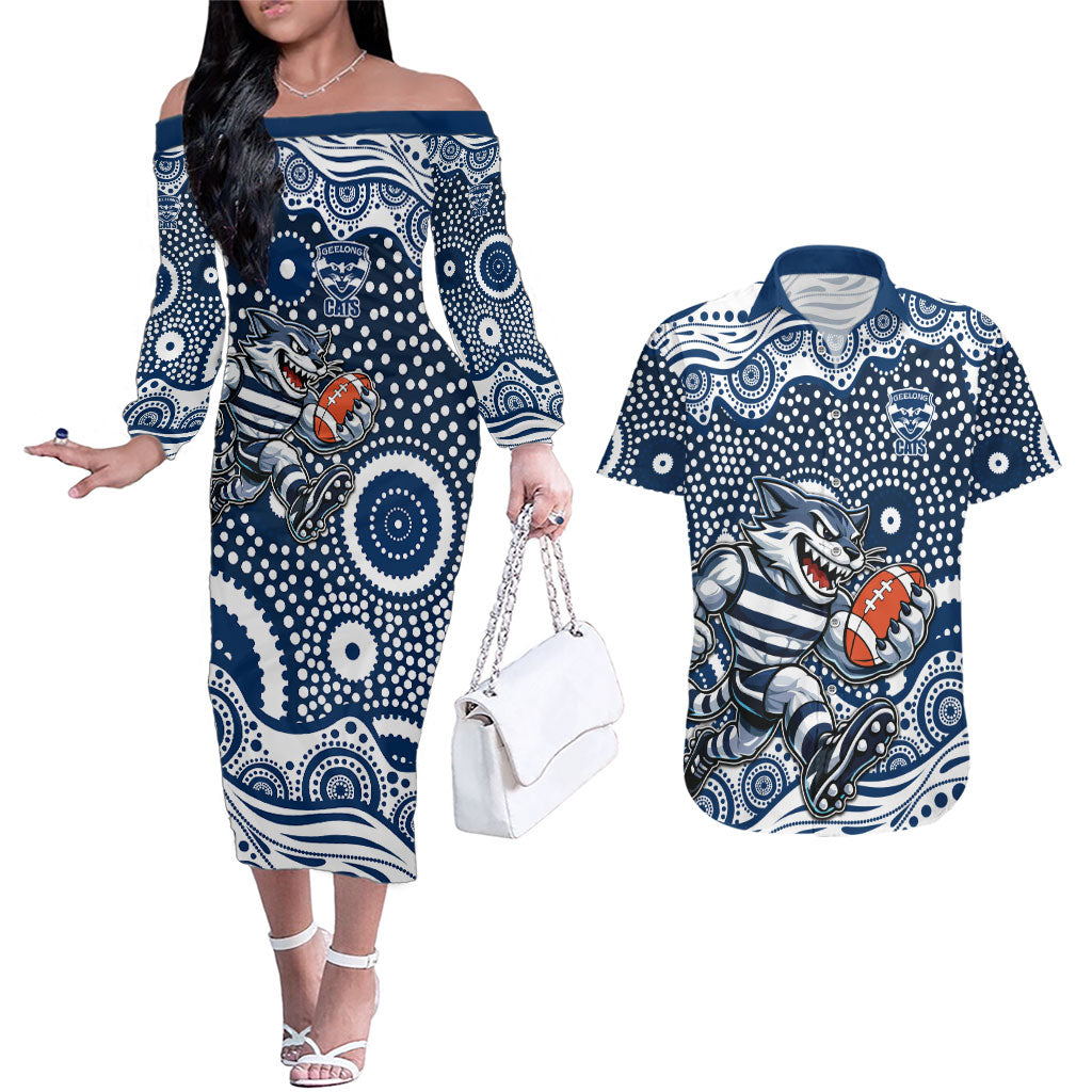 Geelong Cats Couples Matching Off The Shoulder Long Sleeve Dress and Hawaiian Shirt Aboriginal Dot Pattern - Football Mascot Heritage Pride