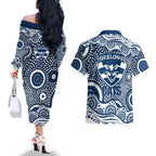 Geelong Cats Couples Matching Off The Shoulder Long Sleeve Dress and Hawaiian Shirt Aboriginal Dot Pattern - Football Mascot Heritage Pride