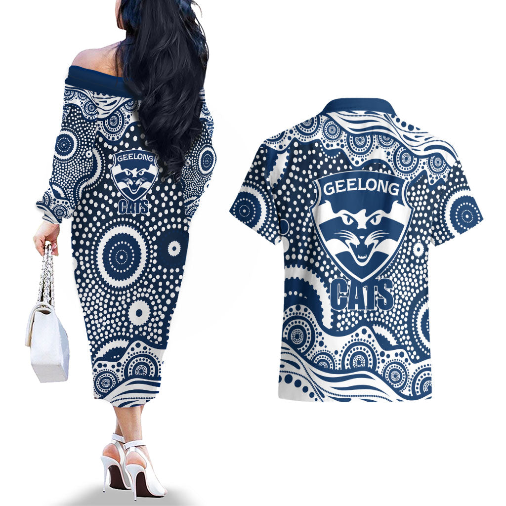 Geelong Cats Couples Matching Off The Shoulder Long Sleeve Dress and Hawaiian Shirt Aboriginal Dot Pattern - Football Mascot Heritage Pride