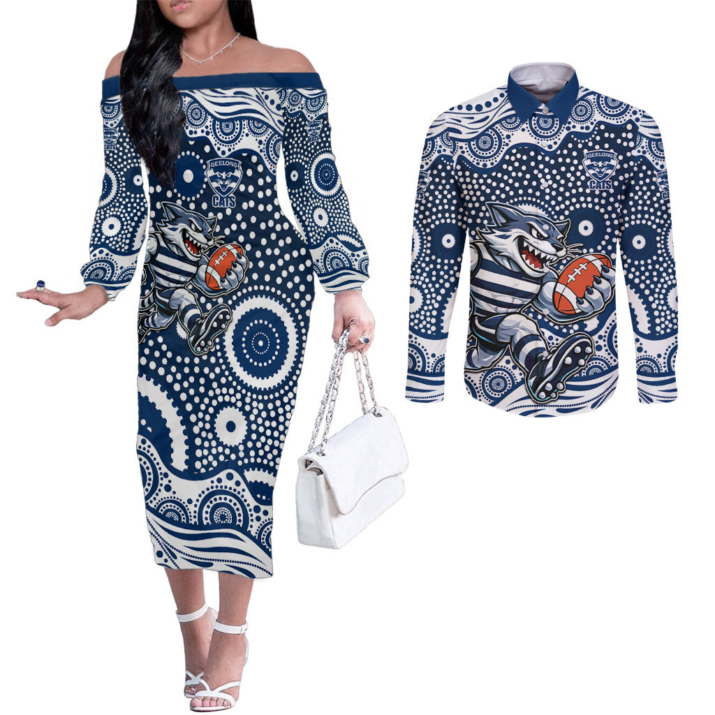 Geelong Cats Couples Matching Off The Shoulder Long Sleeve Dress and Long Sleeve Button Shirt Aboriginal Dot Pattern - Football Mascot Heritage Pride