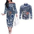 Geelong Cats Couples Matching Off The Shoulder Long Sleeve Dress and Long Sleeve Button Shirt Aboriginal Dot Pattern - Football Mascot Heritage Pride
