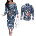 Geelong Cats Couples Matching Off The Shoulder Long Sleeve Dress and Long Sleeve Button Shirt Aboriginal Dot Pattern - Football Mascot Heritage Pride