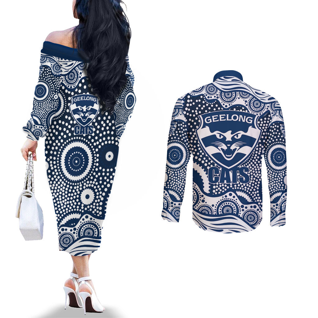 Geelong Cats Couples Matching Off The Shoulder Long Sleeve Dress and Long Sleeve Button Shirt Aboriginal Dot Pattern - Football Mascot Heritage Pride