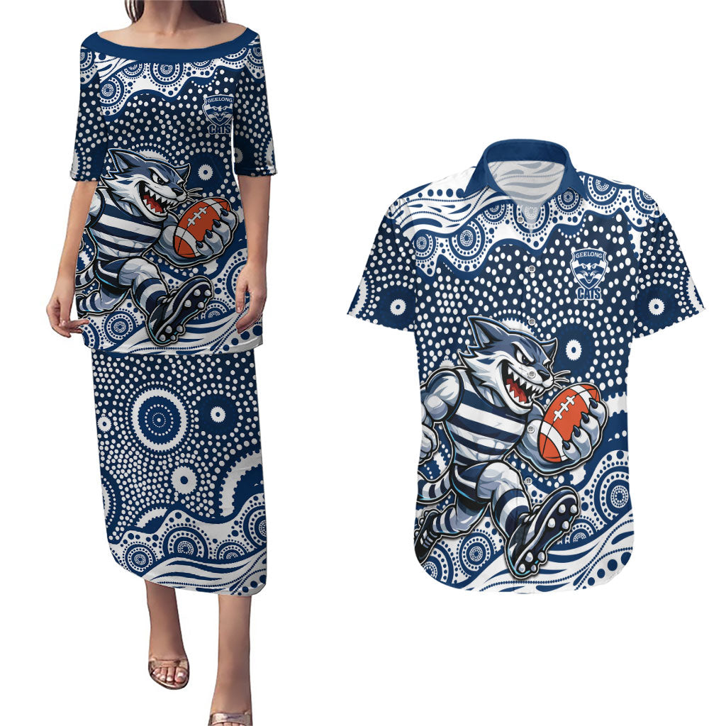 Geelong Cats Couples Matching Puletasi and Hawaiian Shirt Aboriginal Dot Pattern - Football Mascot Heritage Pride