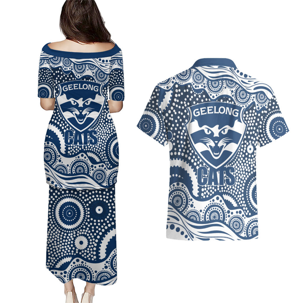 Geelong Cats Couples Matching Puletasi and Hawaiian Shirt Aboriginal Dot Pattern - Football Mascot Heritage Pride