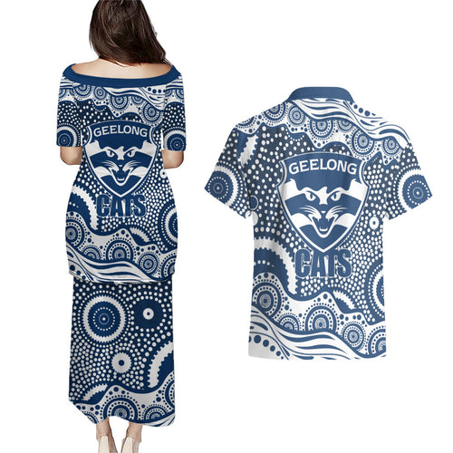 Geelong Cats Couples Matching Puletasi and Hawaiian Shirt Aboriginal Dot Pattern - Football Mascot Heritage Pride