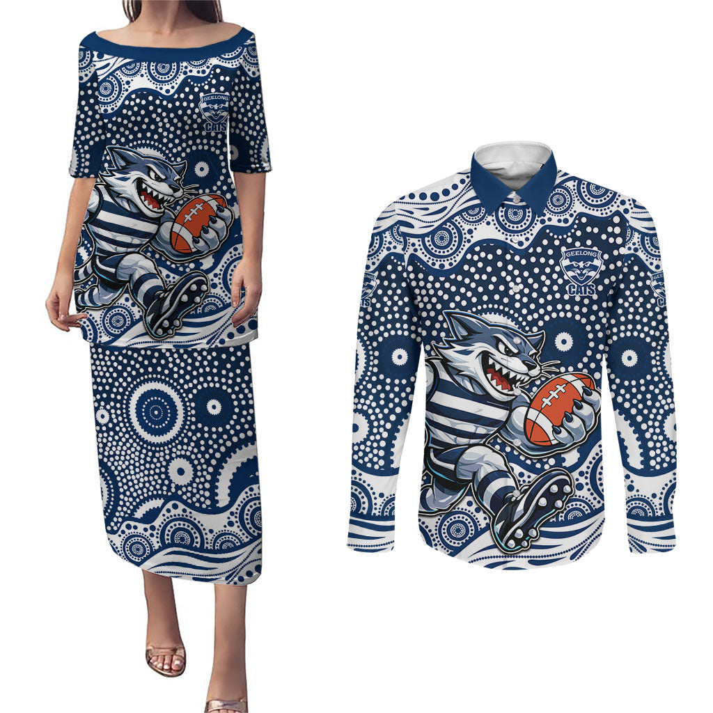 Geelong Cats Couples Matching Puletasi and Long Sleeve Button Shirt Aboriginal Dot Pattern - Football Mascot Heritage Pride