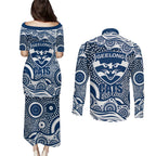 Geelong Cats Couples Matching Puletasi and Long Sleeve Button Shirt Aboriginal Dot Pattern - Football Mascot Heritage Pride