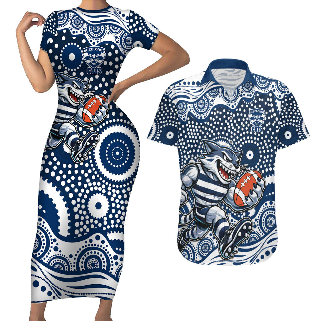 Geelong Cats Couples Matching Short Sleeve Bodycon Dress and Hawaiian Shirt Aboriginal Dot Pattern - Football Mascot Heritage Pride