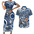 Geelong Cats Couples Matching Short Sleeve Bodycon Dress and Hawaiian Shirt Aboriginal Dot Pattern - Football Mascot Heritage Pride