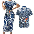 Geelong Cats Couples Matching Short Sleeve Bodycon Dress and Hawaiian Shirt Aboriginal Dot Pattern - Football Mascot Heritage Pride