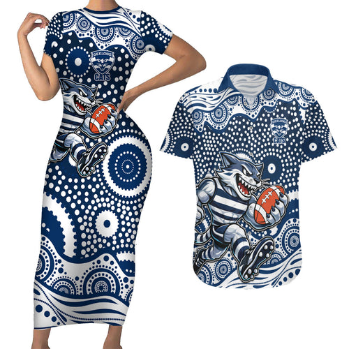 Geelong Cats Couples Matching Short Sleeve Bodycon Dress and Hawaiian Shirt Aboriginal Dot Pattern - Football Mascot Heritage Pride