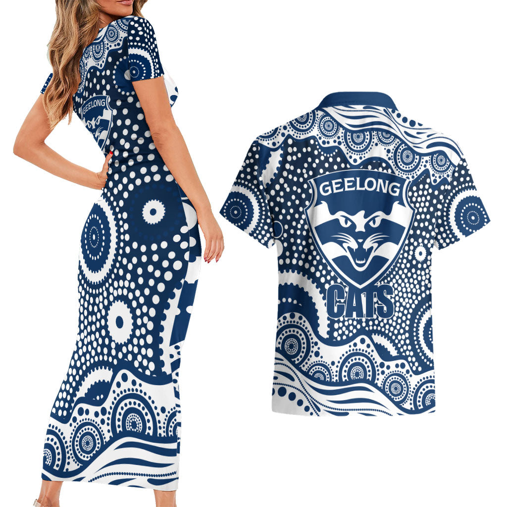 Geelong Cats Couples Matching Short Sleeve Bodycon Dress and Hawaiian Shirt Aboriginal Dot Pattern - Football Mascot Heritage Pride