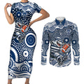 Geelong Cats Couples Matching Short Sleeve Bodycon Dress and Long Sleeve Button Shirt Aboriginal Dot Pattern - Football Mascot Heritage Pride